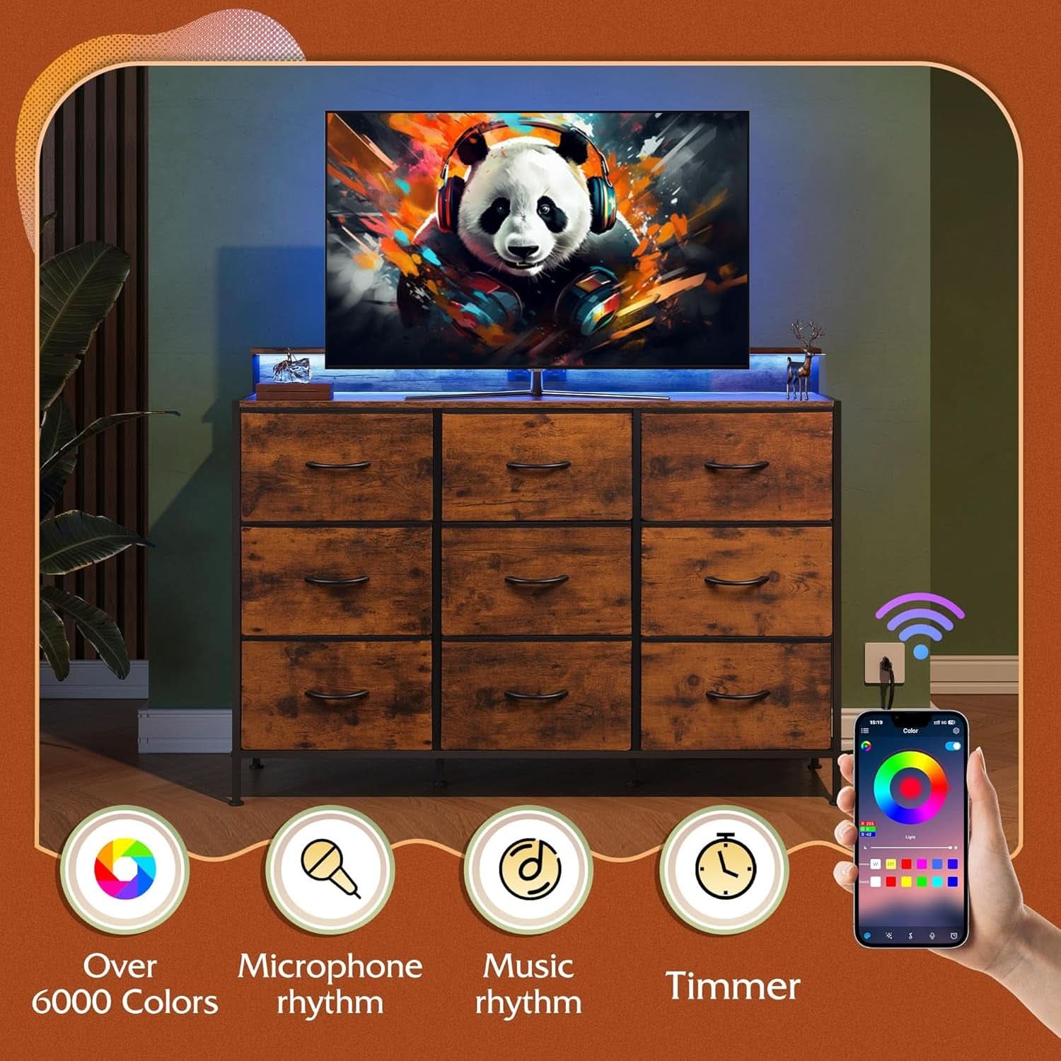 Dresser TV Stand 55 Inch With LED Lights For Bedroom